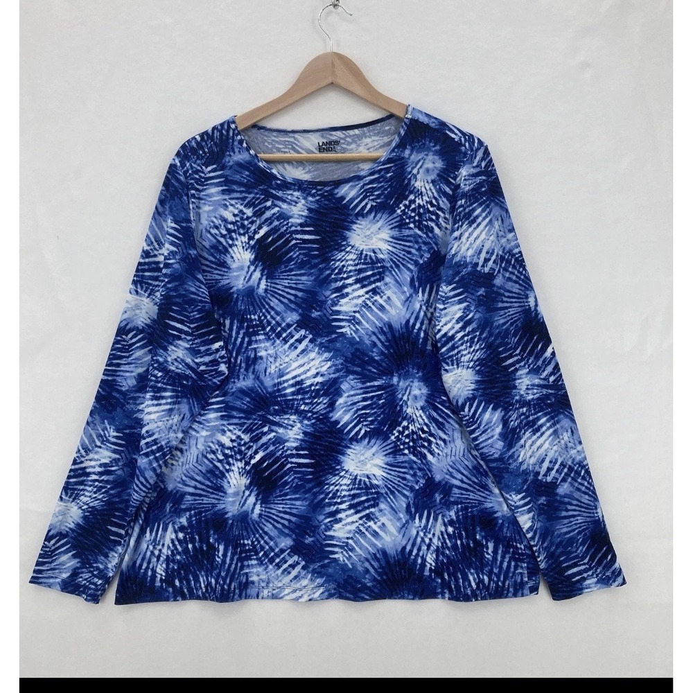 Lands' End Shirt Womens 2X Blue Tie Dye Long Sleeve Swim Rash Guard Stretch UPF